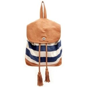 Sabrina Tach Leather & Canvas Stripe Backpack Navy Tassel Boho‎ Convertible Bag